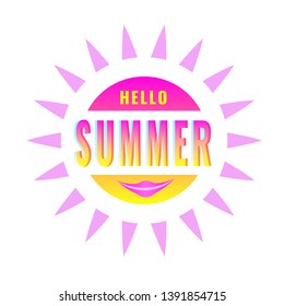 Hello Summer, creative graphic message for your summer design. Retro typography sign with sunburst