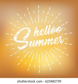 Hello Summer, creative graphic message for your summer design. Retro typography sign with starburst. Blurred background