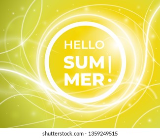 Hello Summer. Creative graphic vector lettering illustration. Glowing curved lines pattern. Sunny mood design