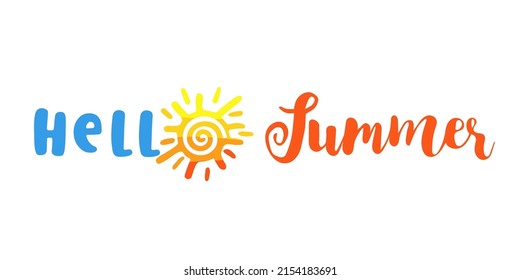 Hello summer creative lettering. 2022 travel logo concept with yellow sun. Decorative text - Hello Summer, vector illustration