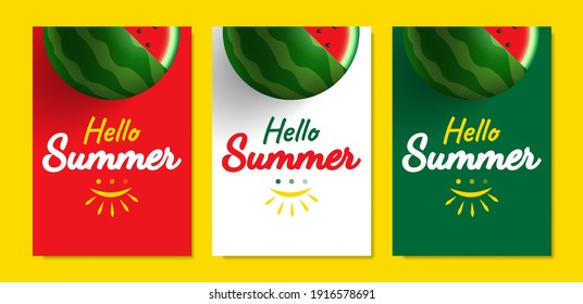 hola verano creativo diseño minimalista afiches verticales con sandía sobre fondo colorido ilustración vectorial