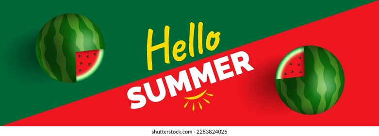 hello summer creative minimal design horizontal banner  with watermelon on red green background vector illustration