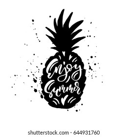 Hello Summer. Creative and unique lettering quotes for the hot summer season in the ananas shape. Vector illustration. For cards, posters, banners.