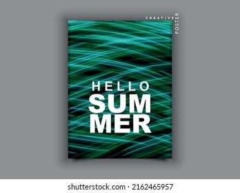 Hello summer. Creative vertical background. Green chaotic neon lines.