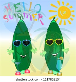 hello summer cucumber cartoon illustration. summer time cartoon vector illustration. its summer cartoon illustration. 
