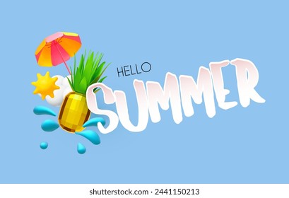 Hallo Sommer! Nette 3D-Poster-Vorlage mit Sonnenschirm, Ananas, Sonne und Wassertropfen