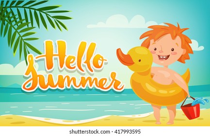Hello summer cute banner with baby. Funny baby character design. 
