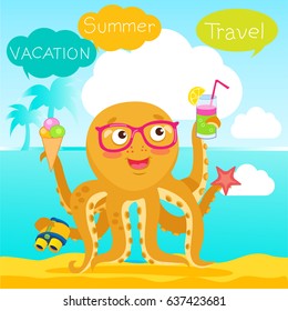 Hello Summer Cute Banner With Octopus. Funny Cartoon Octopus Character Design Summer Travel Illustration Mascot.
