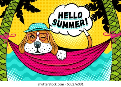 Hello summer! Cute beagle dog in panama and glasses in the shape of a heart lying in hammock between palm trees on the beach, winking and smiling.Vector illustration in retro comic pop art style.