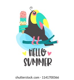 Hello summer! Cute cartoon Toucan with ice cream. Vector illustration isolated on white background.