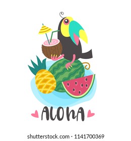 Hello summer! Cute cartoon Toucan with coconut cocktail and tropical fruits. Vector illustration isolated on white background.