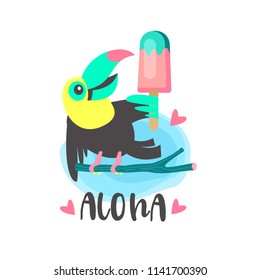 Hello summer! Cute cartoon Toucan with ice cream. Vector illustration isolated on white background.