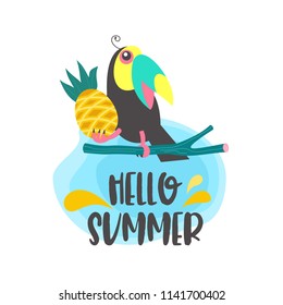 Hello summer! Cute cartoon Toucan with pineapple sitting on a tree branch. Vector illustration isolated on white background.