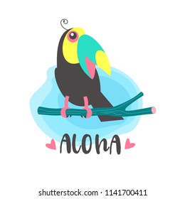 Hello summer! Cute cartoon Toucan sitting on a tree branch. Vector illustration isolated on white background.