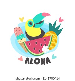 Hello summer! Cute cartoon Toucan with tropical fruits. Vector illustration isolated on white background.