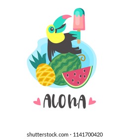 Hello summer! Cute cartoon Toucan with ice cream and tropical fruits. Vector illustration isolated on white backgroun