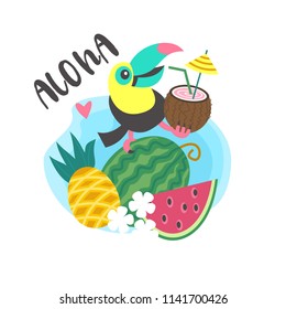 Hello summer! Cute cartoon Toucan with coconut cocktail and tropical fruits. Vector illustration isolated on white background.