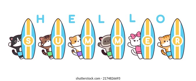 Hello Summer Cute Cat Animal Waving Hand With Surf Board Banner Background Drawing