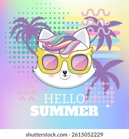 Hello Summer. Cute cat character on modern holographic background with palms and Hello Summer lettering.