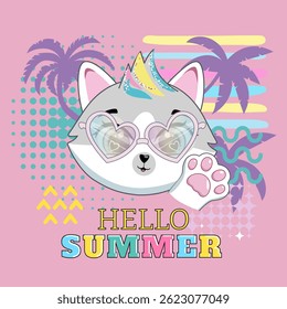 Hello Summer. Cute cat character on modern pink background with palms and Hello Summer lettering.