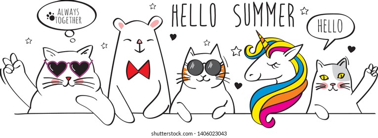 Hello Summer with cute cat, vector illustration.Trendy illustration. Tropical cat. Animal exotic. Element for print design, greeting card, posters, party decorations. 