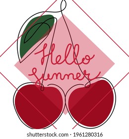 Hello Summer, cute cherry in modern line art and coloring in geometric frame, for print and other purposes.