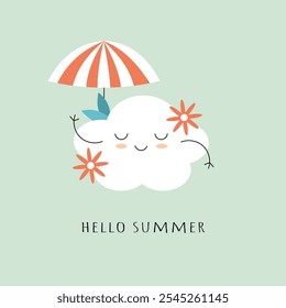 Hello summer. Cute cloud character with beach umbrella and flowers. Minimalistic postcard, greeting card. Flat vector illustration