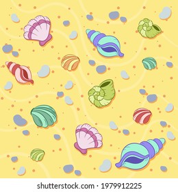 Hello Summer cute colorful drawing shells on the beach
