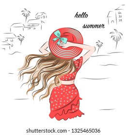 hello summer cute girl character, outfit hat hair bow background