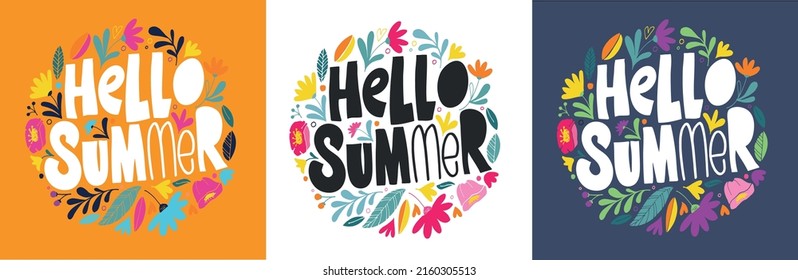 Hello summer. Cute hand drawn doodle lettering postcard. Lettering art design for t-shirt design. 