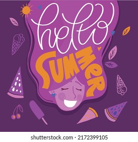 Hello Summer. Cute hand drawn doodle lettering postcard about life. Lettering art for poster, t-shirt design.