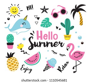 Hello summer cute hand drown symbol collection. Vector illustration of colorful doodle summer icon with flamingo, ice cream, palm tree, sunglasses, cactus, pineapple, watermelon, whale, unicorn, sun