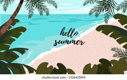 Hello, Summer. Cute horizontal poster, card or cover with an illustration of a blue sea, white sand and tropical trees and leaves. Vector illustration