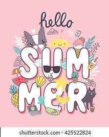 Hello Summer - cute illustration with french bulldog, cat, ice cream, cupcake, cacti plant, pineapple, watermelon and flip flops.