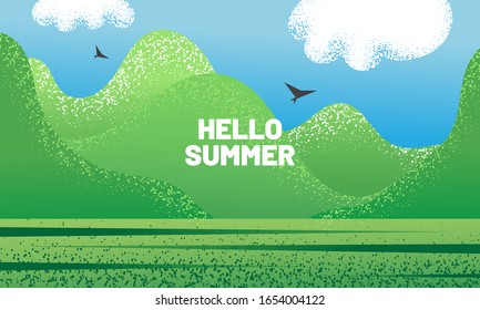 Hello summer cute landscape background with texture. Mountains and clouds and meadows and soaring eagles