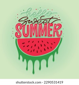 Hello Summer - cute lettering label for t-shirt design, mug print. Lettering postcard about summer vibes.
