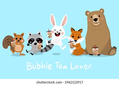 Hello summer with cute little animal wildlife with bubble milk tea. Squirrel, rabbit, fox, bear and raccoon cartoon character vector.