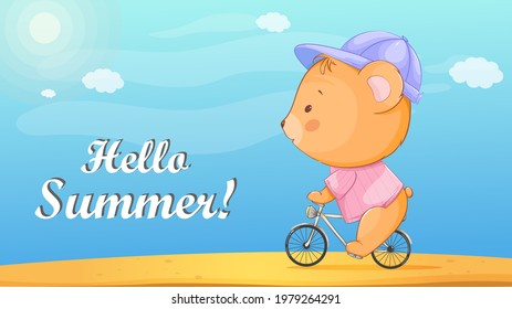 Hello summer. Cute little bear riding a bicycle on the sand beach. Funny cartoon character bear. Stock vector illustration