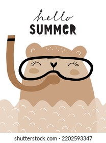 Hello Summer. Cute Nursery Vector Art with Funny Bear Scuba Diving in a Wavy Water. Hand Drawn Teddy Bear Diving in a Mask. Cool Print with Brown Bear in a Sea ideal for Card, Poster, Wall Art.