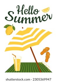 Hola verano. Afiche con limón tropical, limonada de cítricos, chancletas y paraguas. El concepto de vacaciones y vacaciones en la playa. Vector