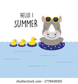Hello summer cute Rhinoceros cartoon.