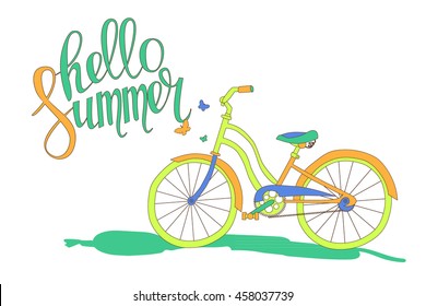 Hello summer. Cute romantic card with bicycle and calligraphy. Cute vector illustration for postcards, posters, stickers. Cute blue bike