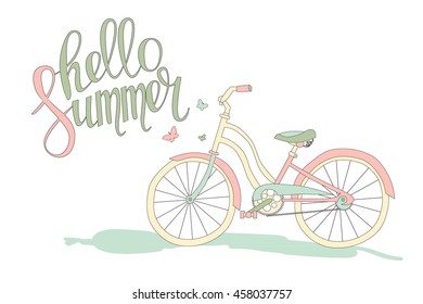 Hello summer. Cute romantic card with bicycle and calligraphy. Cute vector illustration for postcards, posters, stickers. Cute blue bike