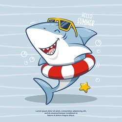 Hello Summer With Cute Shark Cartoon Illustration