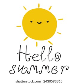 Hola verano. Lindo sol sonriente. Diseño plano. Ilustración dibujada a mano del vector sobre fondo blanco.
