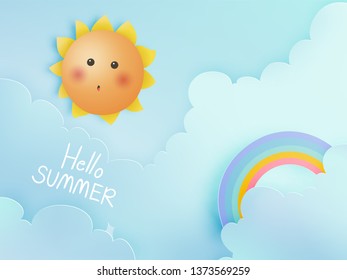 Hello summer with cute sunny and paper art sky background and pastel color scheme vector illustration