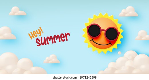 Hello summer with cute sunny and paper art sky background and pastel color scheme vector illustration