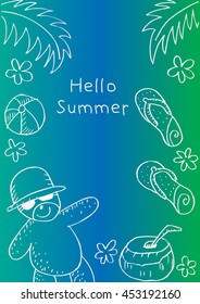 Hello summer with cute teddy bear. Hand drawing illustration.