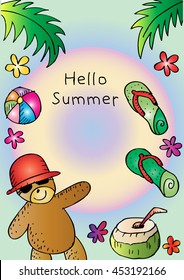 Hello summer with cute teddy bear. Hand drawing illustration.