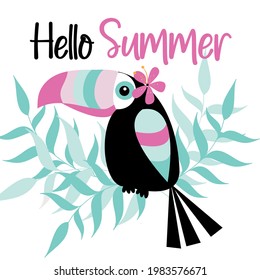 Hello Summer- Cute Toucan bird and palm leaves. Good for greeting card, poster, cover, travel set and gift design.